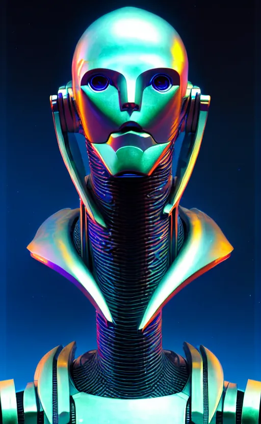 Prompt: friendly humanoid cyber robot, award winning, portrait bust, symmetry, faded colors, cypherpunk background, tim hildebrandt, wayne barlowe, bruce pennington, donato giancola, larry elmore, masterpiece, trending on artstation, cinematic composition, beautiful lighting, hyper detailed!!!, 8 k, unreal engine 5