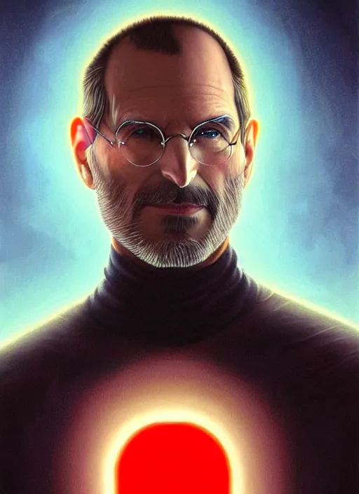 Prompt: Portrait of Steve Jobs, red glowing eyes, blue shaggy hair, male, fantasy,, extremely detailed, digital painting, artstation, concept art, smooth, sharp focus, illustration, stunning lighting, art by artgerm and greg rutkowski and alphonse mucha and simon stalenhag, realistic character concept, high fantasy, light atmosphere, golden ratio, cinematic lighting, hyperdetailed, high resolution, insanely detailed and intricate, face enhance, Marc Simonetti, Greg Rutkowski, 8k