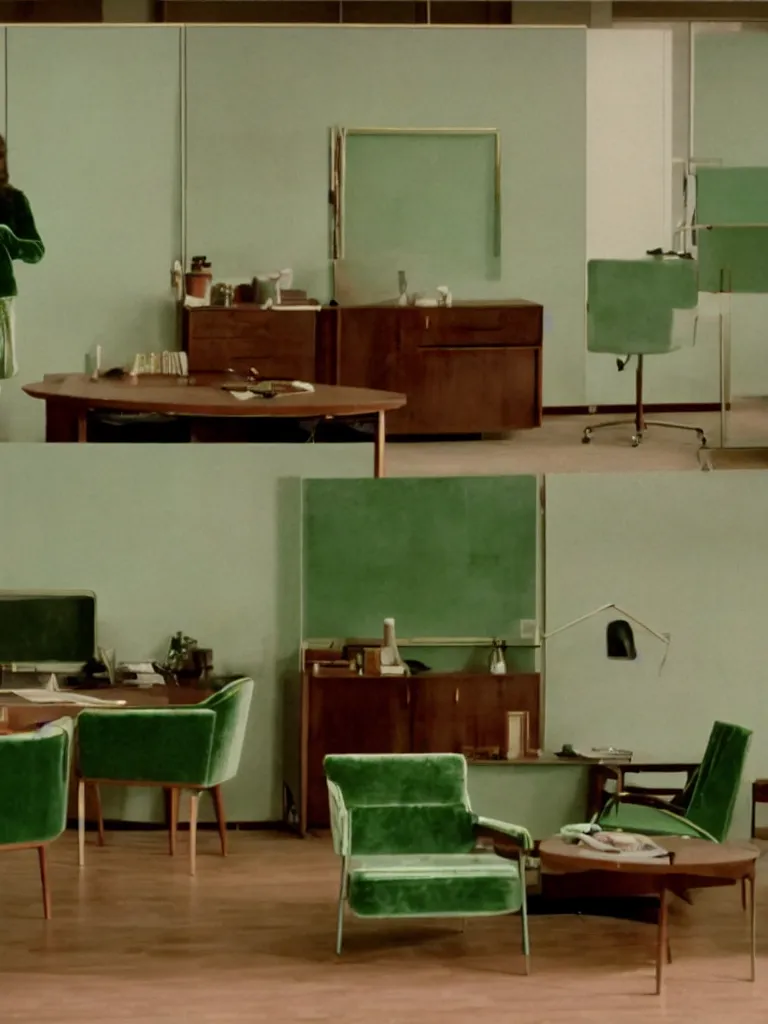 Prompt: a still of severance series ( 2 0 2 2 ) indoor 7 0 s green velvet and wood with metal furniture office scenario appearing in a film of jacques tati