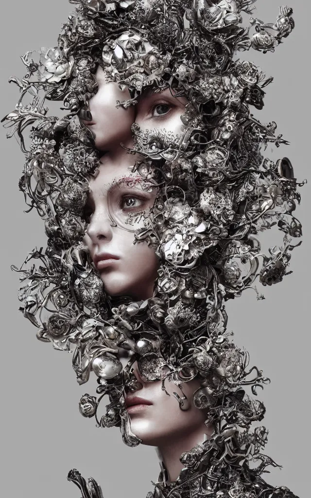 Prompt: A sculpture made of metal and flower, portrait, female, cyberpunk queen, Harpers Bazaar, Vogue magazine, insanely detailed and intricate, concept art, close up, clear face