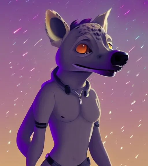 Image similar to digital detailed full body of anthromorphic female hyena, in style of zootopia, fursona, furry, furaffinity, 4 k, deviantart, wearing astronaut outfit, in style of zootopia, floating in space, space background, in deep space, dark background, hyena fursona, cyberpunk, female, stylized face,