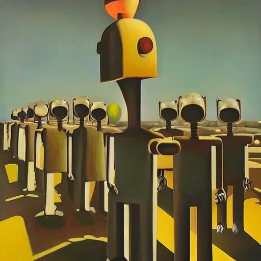 Prompt: robot bishop army, one robot a different color, grant wood, pj crook, edward hopper, oil on canvas