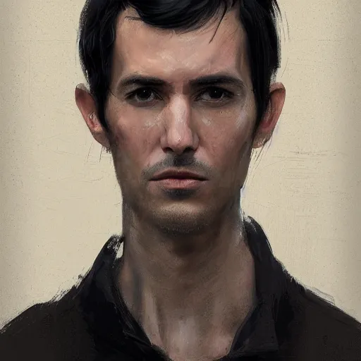 Image similar to portrait of a man by greg rutkowski, he is about 3 0 years old, short black hair with bangs, his features are a mix between french, turkish and russian, very tall and slender, he is wearing a beige and black utility jumpsuit, highly detailed portrait, digital painting, artstation, concept art, smooth, sharp foccus ilustration, artstation hq