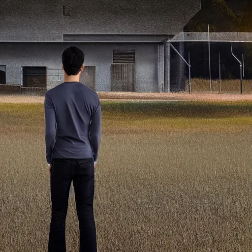 Image similar to a guy in a grey shirt with long sleeves and wearing dark blue jeans, dark black hair and no visible facial hair at all looking in the distance to see a factory plotting something ( highly detailed, and cinematic movie shot, greatly illustrated, photo - realistic, hyperrealistic image, 4 k, uhd, good quality still frame photo )