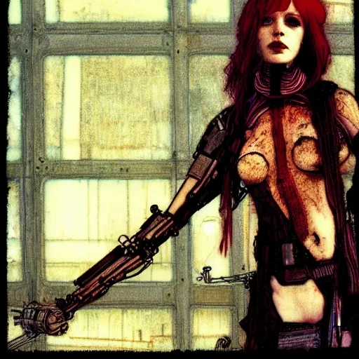 Prompt: redhead female cyberpunk, wires cables skulls, machines, in the style of john william waterhouse, and michael w kaluta, 4 k photo autochrome