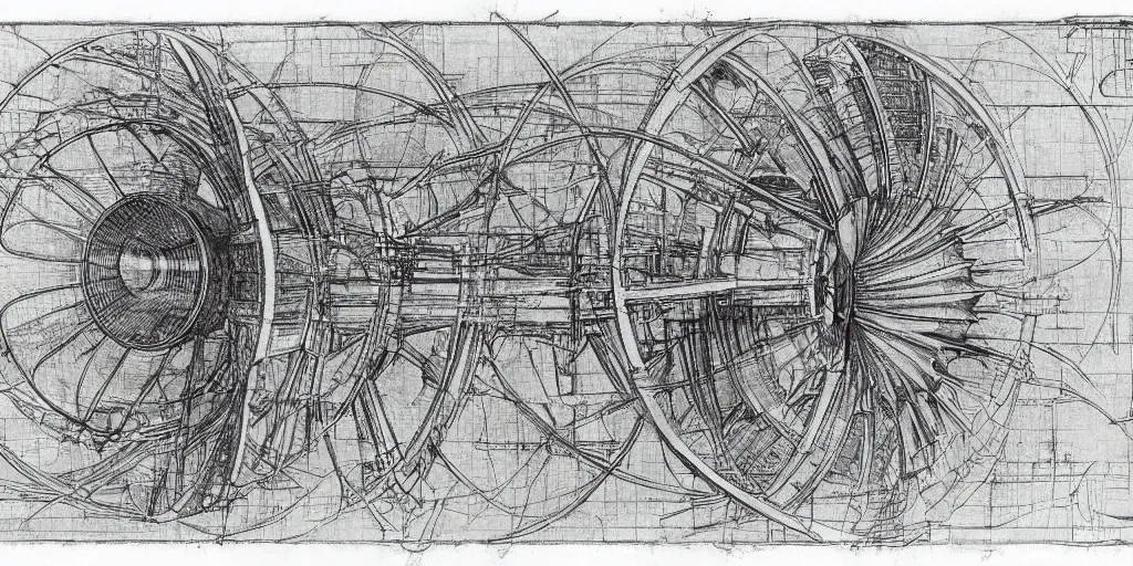 Image similar to leonardo da vinci color intricate full page scan blueprint of an environmental turbine machine, on paper, black ball pen style, :: ultra-detailed technical precision :: mixed media with white and silver lines, realistic composition, point of interest at golden ratio, light from right, more darkness on the bottom, monumentally art composition, high quality of sketching with subtle hairlines, highly detailed rounded forms, inside out and outside in, octane render