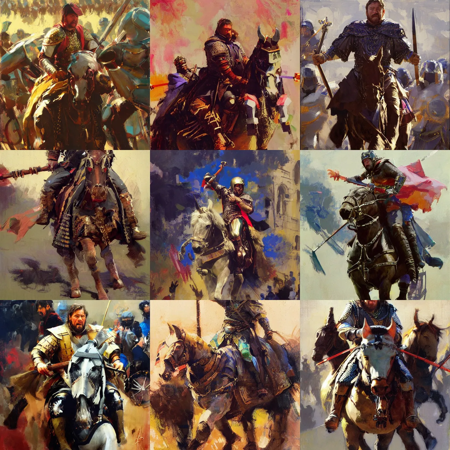Prompt: portrait of russel crowe as rider with couched jousting lance, colorful caparisons, chainmail, detailed by greg manchess, bernie fuchs, ruan jia, walter everett