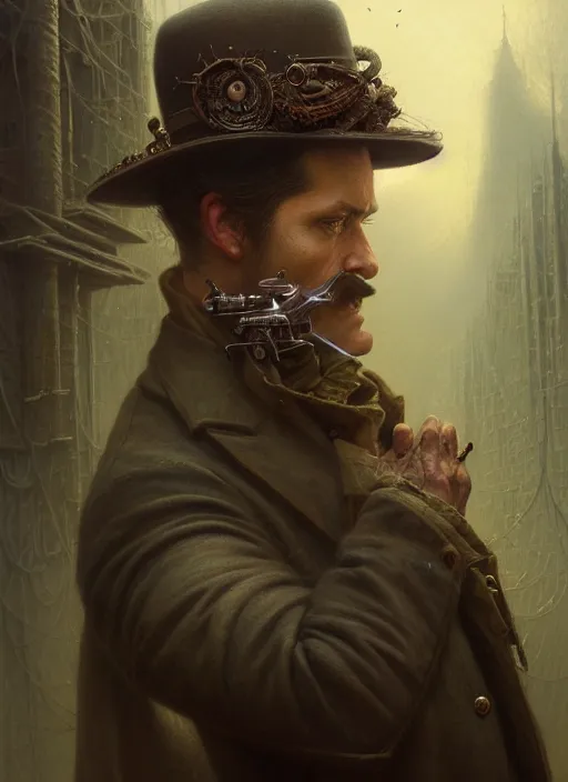 Image similar to closeup portrait shot of a victorian detective in a scenic dystopian environment, intricate, elegant, highly detailed, centered, digital painting, artstation, concept art, smooth, sharp focus, illustration, artgerm, tomasz alen kopera, peter mohrbacher, donato giancola, joseph christian leyendecker, wlop, boris vallejo