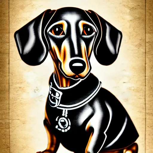 Prompt: 2d steampunk dachshund annotated prototype blueprint, Andrey Tatarko style, ultra detailed, complex design, high contrast, ornate, high detail, full frame, post processing