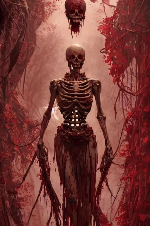 Prompt: woman skeleton covered with blood, long red hair, ultra realistic, concept art, intricate details, highly detailed, photorealistic, octane render, 8 k, unreal engine. retro film still, heavy grain, 3 5 mm, art by artgerm and greg rutkowski and alphonse mucha