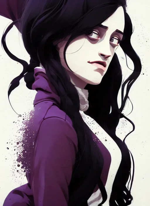 Image similar to highly detailed closeup portrait of beautiful carly chaikin as darlene alderson, wavy black hair, by atey ghailan, by greg rutkowski, by greg tocchini, by james gilleard, by joe fenton, by kaethe butcher, gradient purple, black and white color scheme, grunge aesthetic!!! ( ( graffiti tag wall background ) )