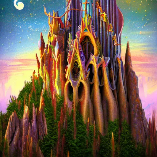 Image similar to cosmic palace sitting on a mountain in the sky by Antoni gaudi, digital painting, high resolution, artstation, cgrender, award-winning