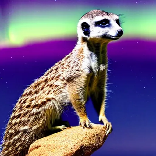 Image similar to an Award winning, national geographic cover photo, of a Meerkat stairing at a purple aurora borealis. 4K, ultra HD, hyper realistic.