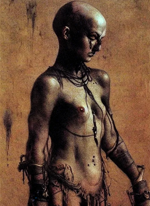 Prompt: bald barbarian girl in tribal painting by Beksinski and Arthur Rackham