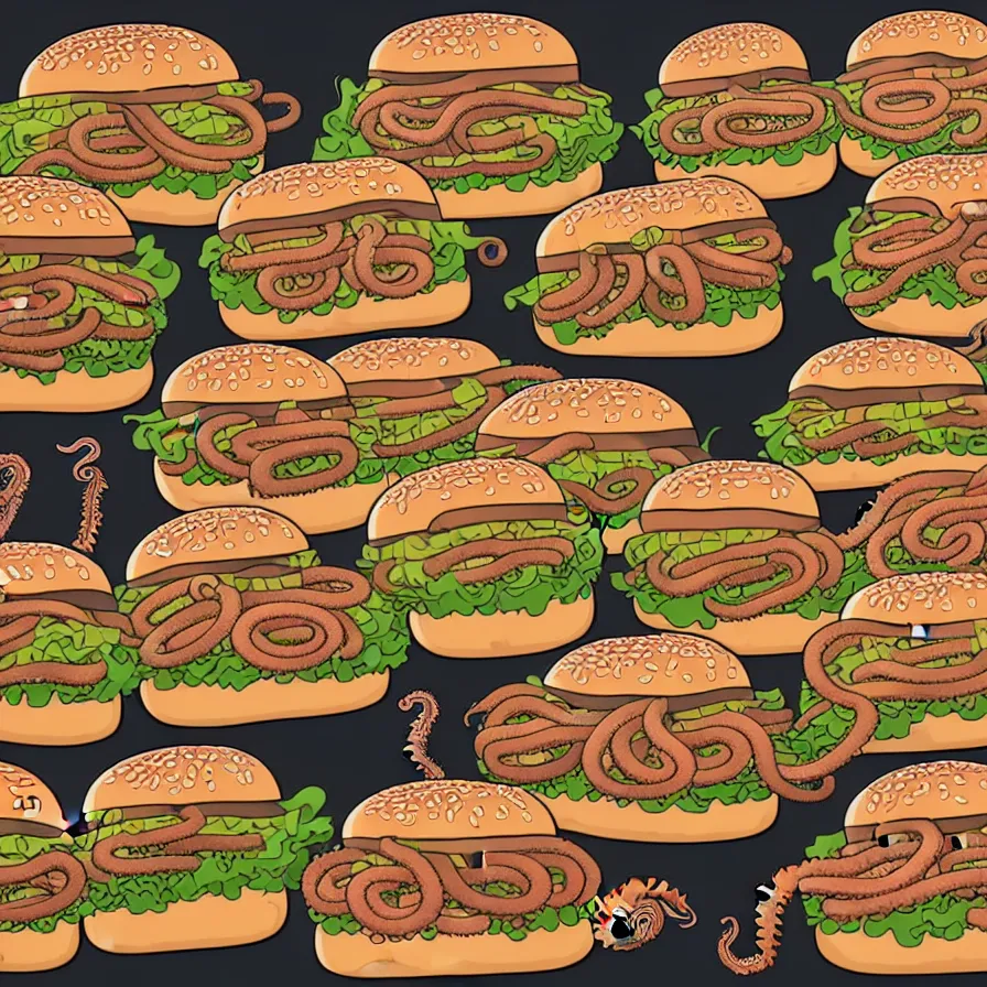 Image similar to ultra detailed anatomic illustration of a giant octopus holding many burgers, tentacles wrapped around burgers, artstation, 8 k