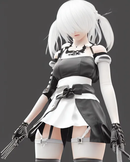 Image similar to 2B from NieR: Automata wearing a maid outfit, mechanical detail, cad, solidworks render