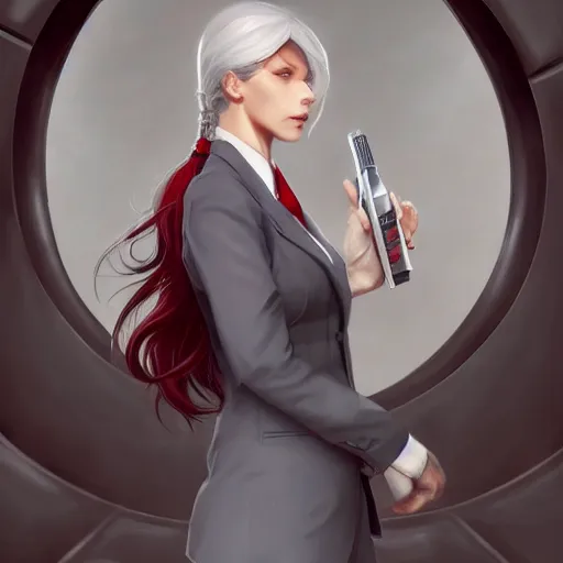 Prompt: a girl wearing a business suit, grey hair, red necktie, cinematic, twintails, stunning, highly detailed, digital painting, artstation, smooth, hard focus, full body shot, illustration, art by artgerm and greg rutkowski and alphonse mucha