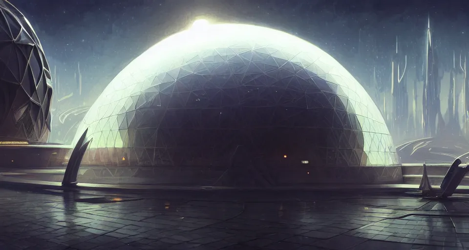 Image similar to cinematic shot, futuristic city on the moon inside a giant geodesic dome, utopian, night, stars, digital painting, artstation, concept art, smooth, sharp focus, illustration, intricate, elegant, highly detailed, in the style of greg rutkowski and alphonse mucha and artemisia, 8 k, highly detailed, jurgens, rutkowski