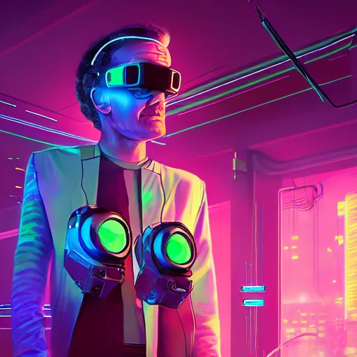 Image similar to cyberpunk rick and morty bot, cinema 4 d, galaxy space sci - fi, wearing vr goggles, illustration, portrait, pastel neon textured background night, trending on artstation, greg rutkowski, octane rendered, 1 2 k, detailed,