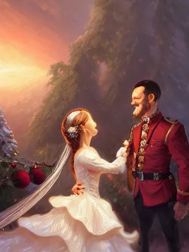 Prompt: a couple getting married under the mistletoe celebration freedom excitement intricate, elegant, highly detailed, digital painting, artstation, concept art, sharp focus, illustration, by justin gerard and artgerm, 8 k