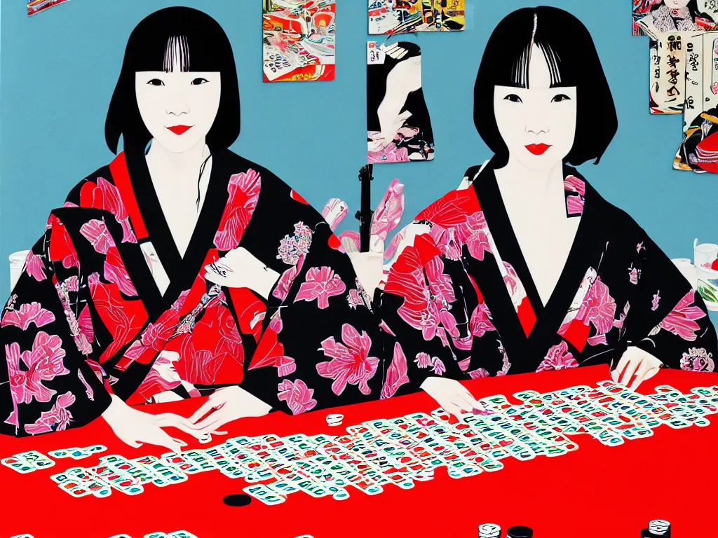 Image similar to hyperrealistim composition of the detailed single woman in a japanese kimono sitting at a extremely detailed poker table with darth vader, fireworks, river on the background, pop - art style, jacky tsai style, andy warhol style, acrylic on canvas