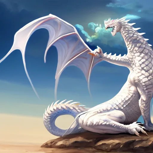 Prompt: a beautiful painting of a singular miniature white dragon perched on a sand castle at the beach by Xiaodi Jin, digital concept art, trending on ArtStation