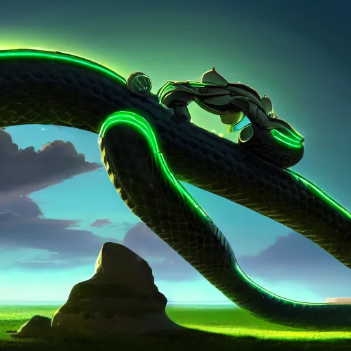 Image similar to concept art of gigantic snake robot flying through an ethereal green sky, fighting a mehcanical kangaroo, 4 k, trending on artstation, 8 k