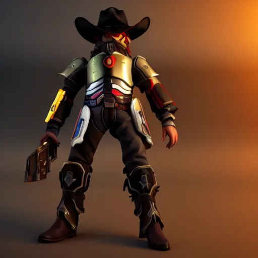 Image similar to a young boy with the appearance and armor of mccree from overwatch, design, octane render, 4 k, ingame shot