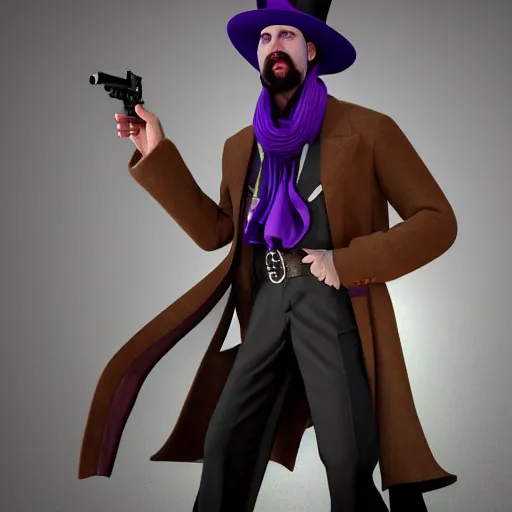Prompt: ! dream a bald men wearing a leather long coat and a scarf around his neck, aiming a colt peacemaker pistol with one hand and holding purple top hat on the other one, fantasy painting, hd, defined, volumetric lighting, octane render, zbrush
