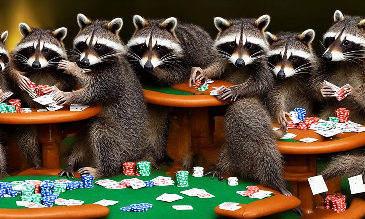 Prompt: three raccoons playing poker at a dinner table, a flash photograph