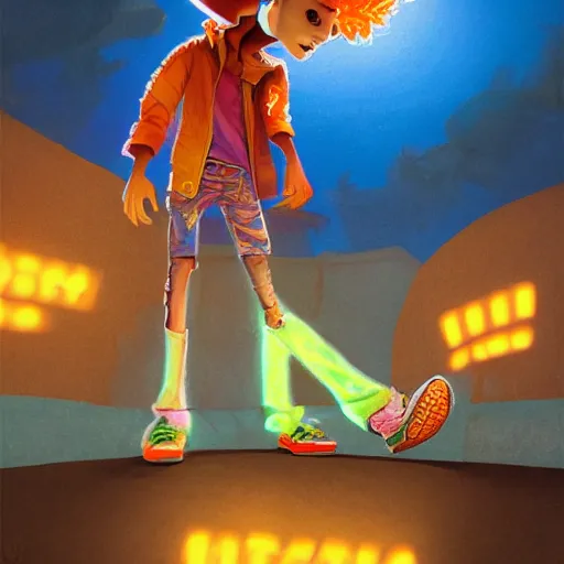 Prompt: a skinny young man wearing a hat at school with wavy hair and glowing orange eyes as a super hero, pixar cute, highly detailed, sharp focus, neon color, digital painting, floating particles, artwork by Jeremiah Ketner + Mati Klarwein + Fintan Magee + Chris Mars, background artwork by greg rutkowski