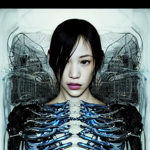 Image similar to Kiko Mizuhara is an unsettling scary terrifying bio mechanical cyborg post human, physically accurate, very dramatic dynamic lighting, intricate, very very elegant, highly detailed, digital painting, artstation, very hyperrealistic, very very very HR GIGER, very Bensinski, Hieronymus Bosch, Francis Bacon, concept art, smooth, sharp focus, illustration, art by artgerm and greg rutkowski and alphonse mucha