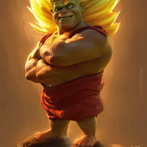 Image similar to super saiyan trevor philips as shrek the hedgehog, highly detailed, digital painting, artstation, concept art, smooth, sharp focus, illustration, art by artgerm and greg rutkowski and alphonse mucha