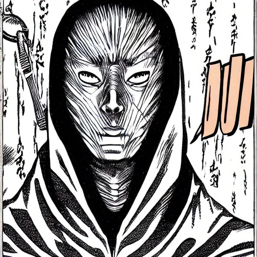 Image similar to hooded man, junji ito,