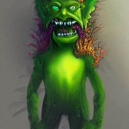 Prompt: Plant monster with a menacing smile and amber teeth, green body, semi realistic, trending on art station