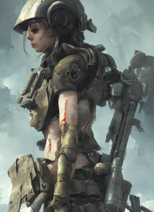 Image similar to of a sniper girl in war, with futuristic gear and helmet, portrait by ruan jia and ross tran, detailed, epic video game art