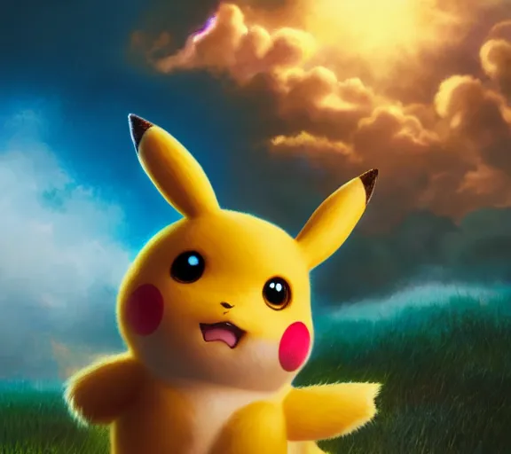 Image similar to epic fantasy comic book style portrait painting of a giant feral pikachu holding a tiny misty from pokemon, by mark ryden and pixar and hayao miyazaki, unreal 5, daz, hyperrealistic, octane render, cosplay, rpg portrait, dynamic lighting, intricate detail, cinematic