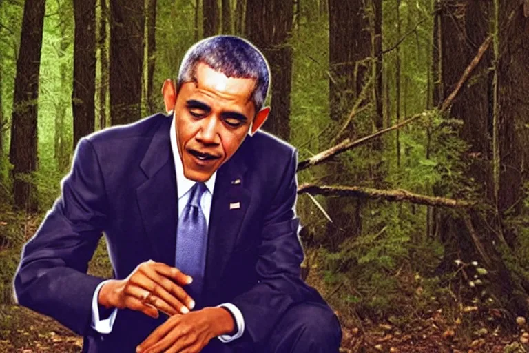 Image similar to barack obama is hunting you in the woods at night, horror, grainy, found footage, monster, photo