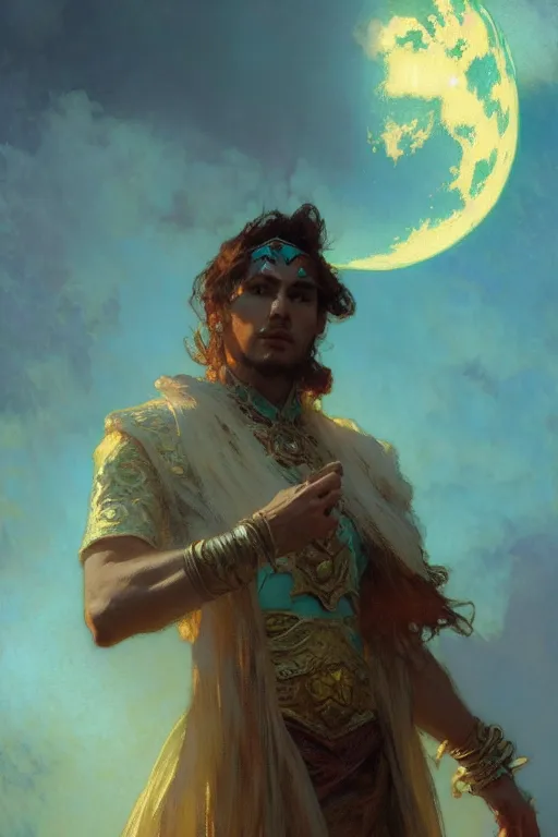 Image similar to pearlescent turquoise moon sorcerer, male character design, painting by gaston bussiere, craig mullins, greg rutkowski, alphonse mucha, trending on artstation