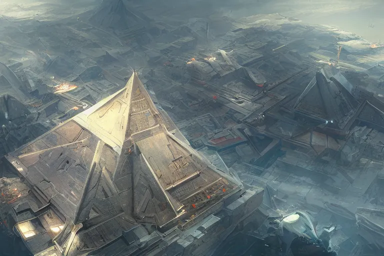 Prompt: pyramidal world, futuristic top view, Greg Rutkowski, high resolution