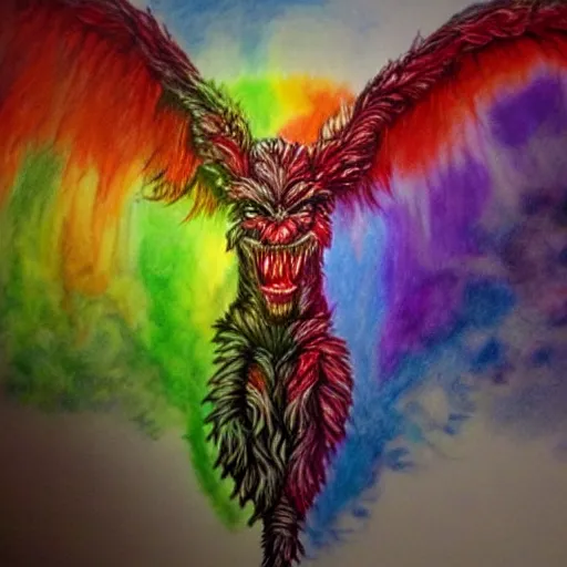 Image similar to hyperrealistic drawing of a monster made of rainbows, terrifying, beautiful, cringe, high detail