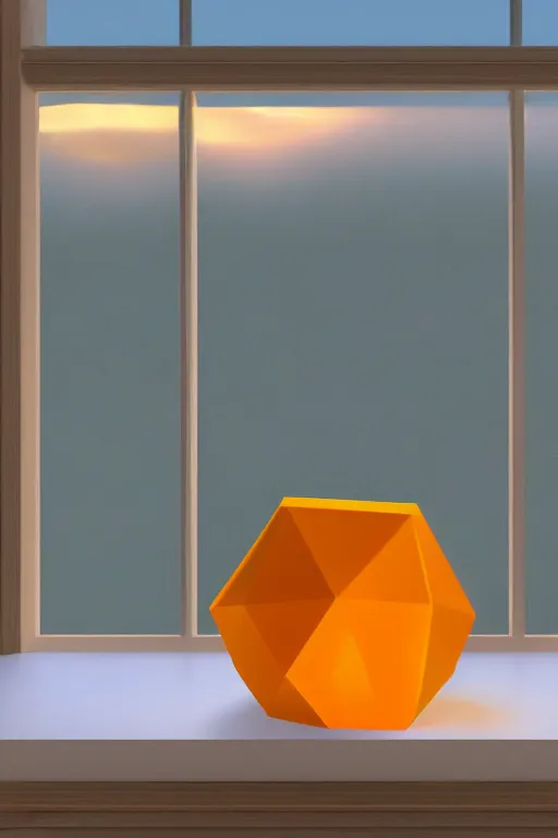 Prompt: a giant cubic orange and yellow crystal on a white table near a window at sunset, hyperrealistic, highly detailed, high qualit, 8K, godrays, warm lighting, path traced, high coherence, calm, macro photo, symmetrical, photorealistic, low contrast, serene landscape, beautiful, geometric