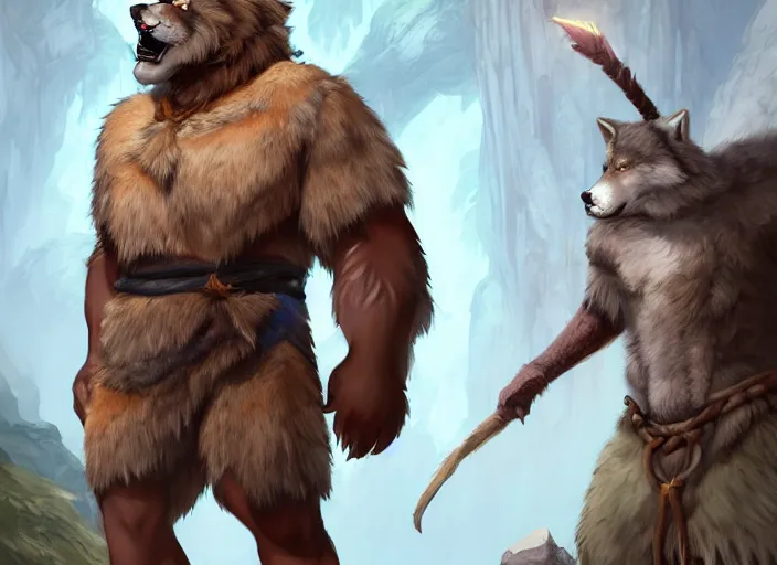 Image similar to burly tough character feature portrait of the anthro male anthropomorphic wolf fursona animal person wearing tribal primitive caveman loincloth outfit belt standing in the entrance to the cave, center framed character design stylized by charlie bowater, ross tran, artgerm, makoto shinkai, detailed, soft lighting, rendered in octane