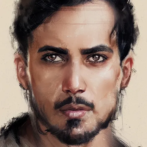 Image similar to Portrait of a man by Greg Rutkowski, he is about 30 years old, mixture between persian, indian and texan, wide forehead, short black hair, manly, attractive, strong and burly, he is wearing a utilitarian beige and black jumpsuit, highly detailed portrait, scifi, digital painting, artstation, concept art, smooth, sharp foccus ilustration, Artstation HQ