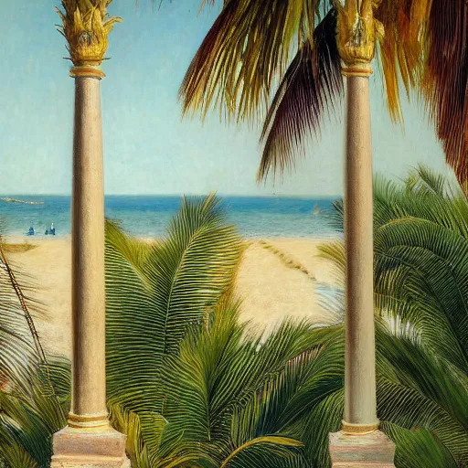 Image similar to a ultradetailed beautiful painting of the amazonas palace balustrade designed by jules bastien - lepage, tarsila do amaral, frank weston and gustave baumann, beach, trending on artstation, mediterranean, palm trees, detailed face, sharp focus, soft light, 8 k 4 k