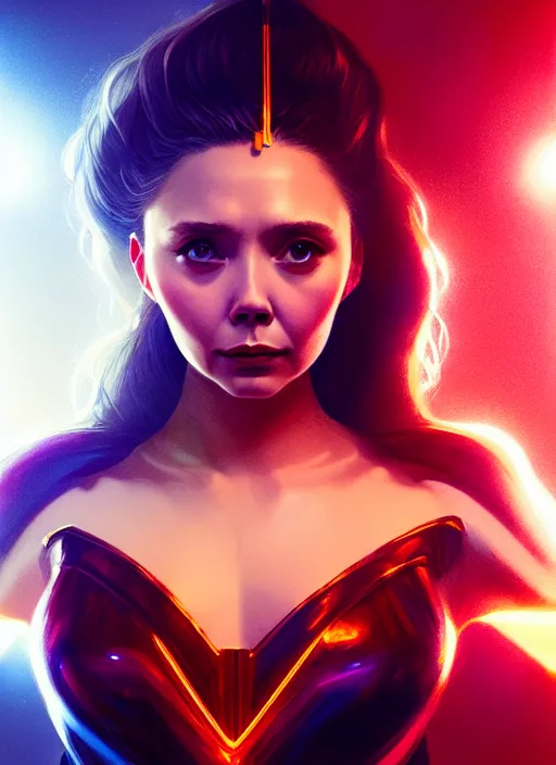 Image similar to portrait of modern darna, elizabeth olsen, intricate, elegant, glowing lights, highly detailed, digital painting, artstation, glamor pose, concept art, smooth, sharp focus, illustration, art by wlop, mars ravelo and greg rutkowski