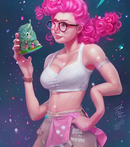 Image similar to humanized pinkie pie throws a party, a plus sized white girl with curly pink hair and freckles, art by stanley lau, artgerm, rossdraws, ross tran, sakimichan, cyarine, beautiful art