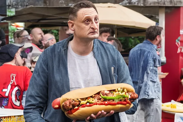 Image similar to Tim Robinson dejectedly contemplating a hotdog bowl, it's like a burrito bowl but with little bits of chopped up hotdog in it, thousand yard stare