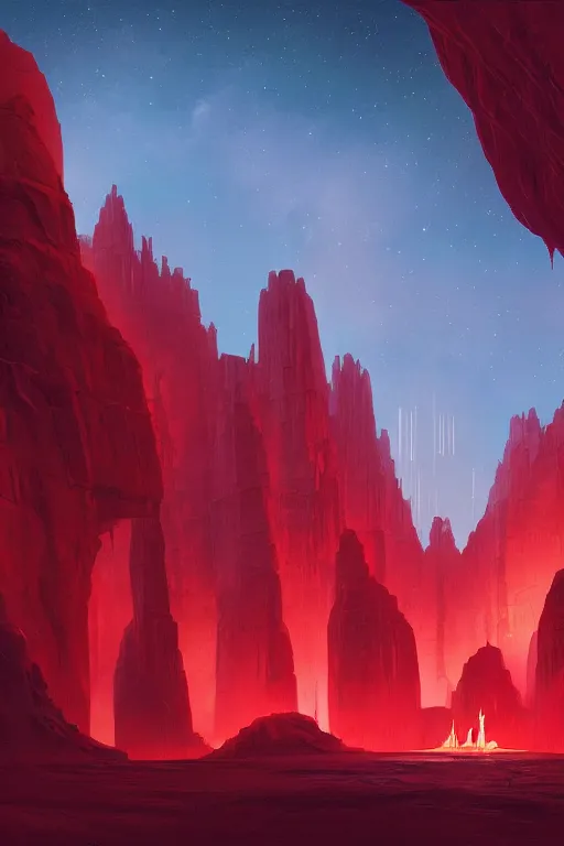 Image similar to red glowing temple designed by zaha hadid in a canyon, shooting stars, dramatic lighting, artstation, matte painting, ralph mcquarrie, simon stalenhag