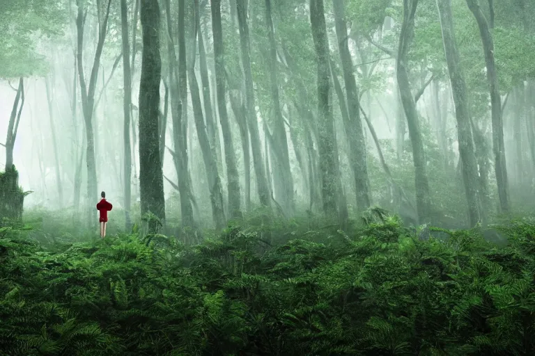 Image similar to a tourist visiting a complex organic fractal 3 d ceramic spheric megastructure floating in a lush forest, foggy, cinematic shot, photo still from movie by denis villeneuve